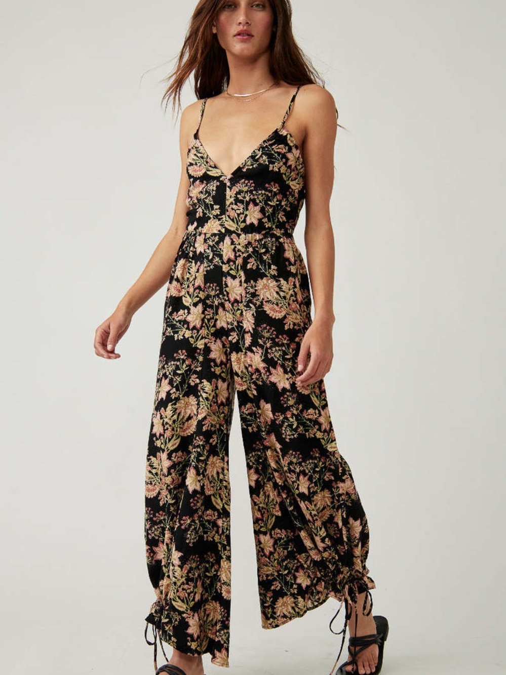 Free People Black Floral Spaghetti-Strap Wide-Leg Jumpsuit